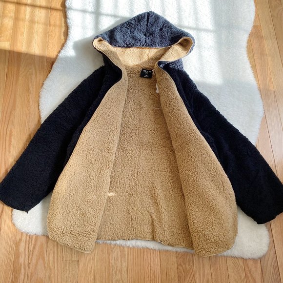 Hooded Reversible Soft Sherpa Teddy Bear Sweater Coat, Black / Brown, Size 2X - Picture 2 of 8